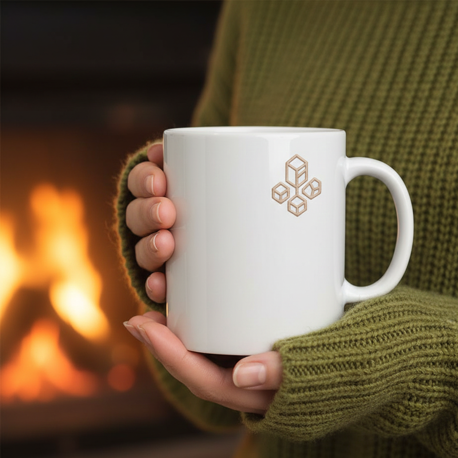 Mug blanc personnalisé pour les noces de sucre (6 ans de mariage), tenu par une personne en pull vert devant un feu de cheminée. Cadeau chaleureux et romantique pour couple, idéal pour une ambiance cocooning.