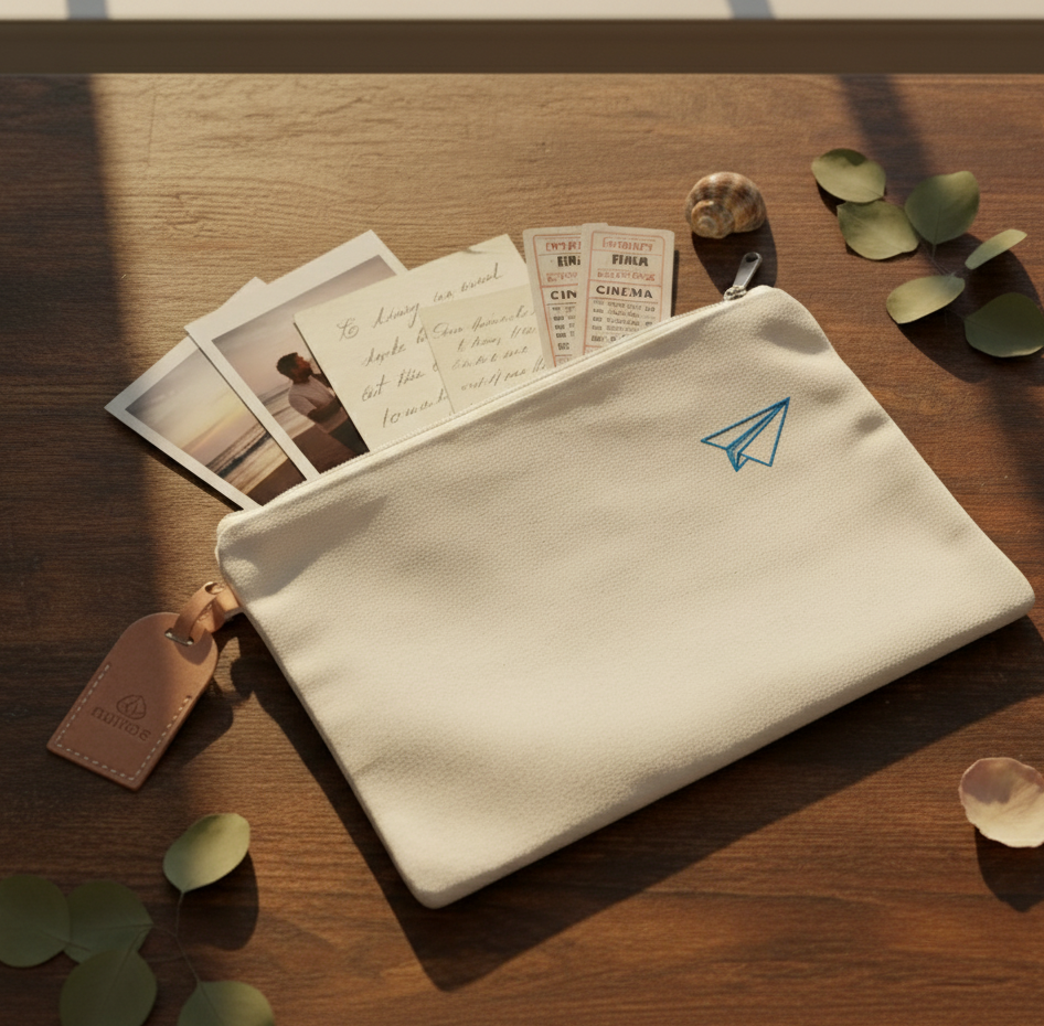 Pochette en toile crème avec un délicat avion en papier, parfaite pour ranger des souvenirs de voyage ou comme cadeau personnalisé pour des noces de papier. Une idée chic et intemporelle pour célébrer l'amour et l'aventure. Idée cadeau mariage, pochette souvenir voyage, cadeau noces de papier original, pochette avion en papier chic, accessoires mariage.