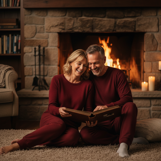 un couple de cinquante ans en pyjama de grande qualité sont assis au coin du feu et regardent un album souvenir, symbolisant une soirée romantique à la maison