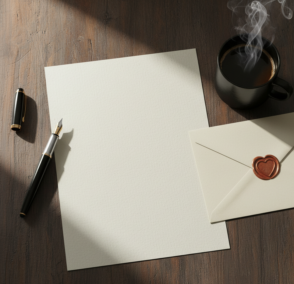 une feuille de papier vierge, un stylo plume posé à côté , un café fumant sont sur une table, symbolisant l'envie d'écrire une lettre d'amour inoubliable