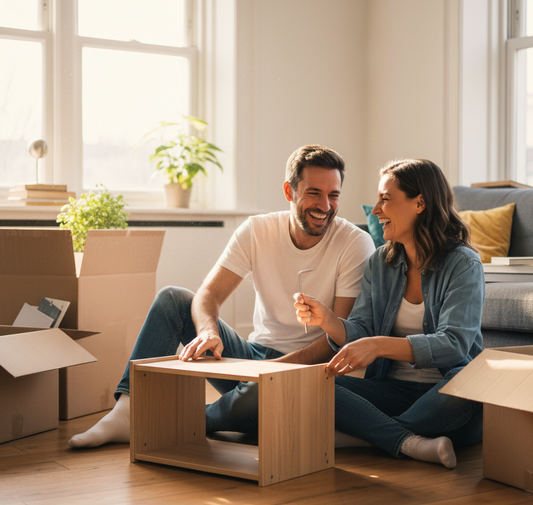 un couple de trentenaire est en train de monter un meuble en kit dans un appartement lumineux, exprimant le concubinage ou l'union libre