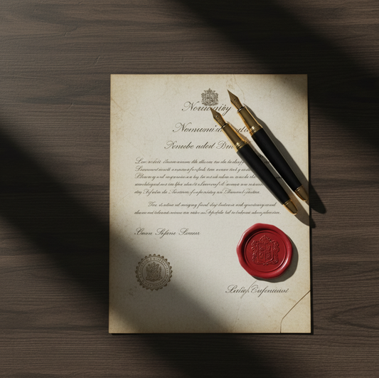 un contrat de mariage est posé sur une table avec deux beaux stylos plume par dessus, illustrant le moment de la signature du contrat de mariage