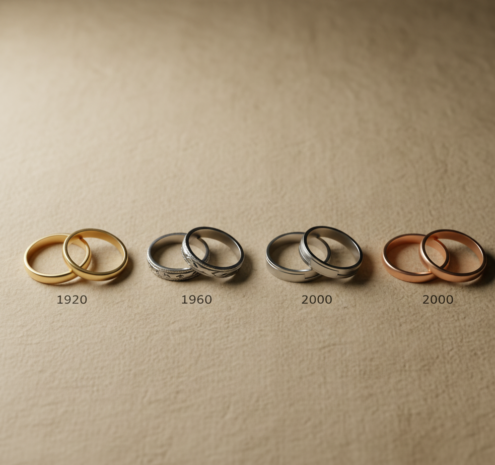 4 paires d'alliance sont exposées sur une feuille de qualité, en dessous de chauqe paire d'alliances une date différente permettant d'exprimer l'évolution du mariage en france depuis le 20ème siècle