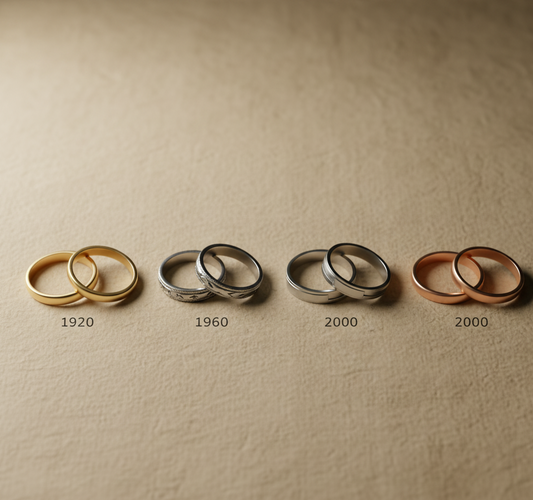 4 paires d'alliance sont exposées sur une feuille de qualité, en dessous de chauqe paire d'alliances une date différente permettant d'exprimer l'évolution du mariage en france depuis le 20ème siècle