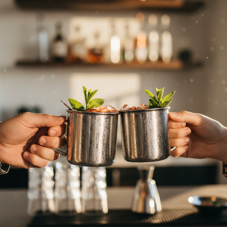 deux mugs en émail sont entrechoqués dans une cuisine avec une ambiance sympathique, célébrant les noces d'étain (10 ans de mariage)