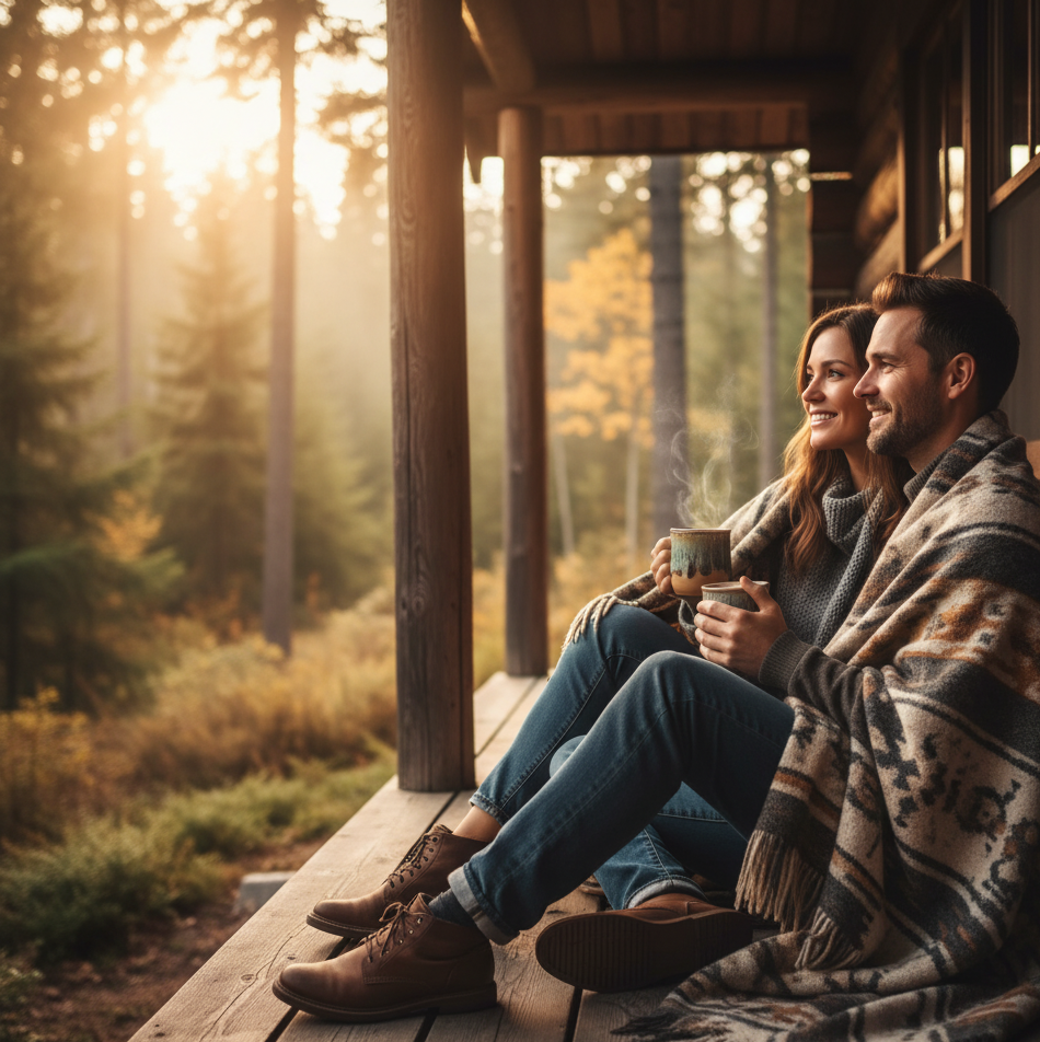 un couple est assis sur le perron d'une cabane en bois en pleine forêt regarde un coucher de soleil, célébrant un voyage pour leurs noces de bois (5 ans de mariage)