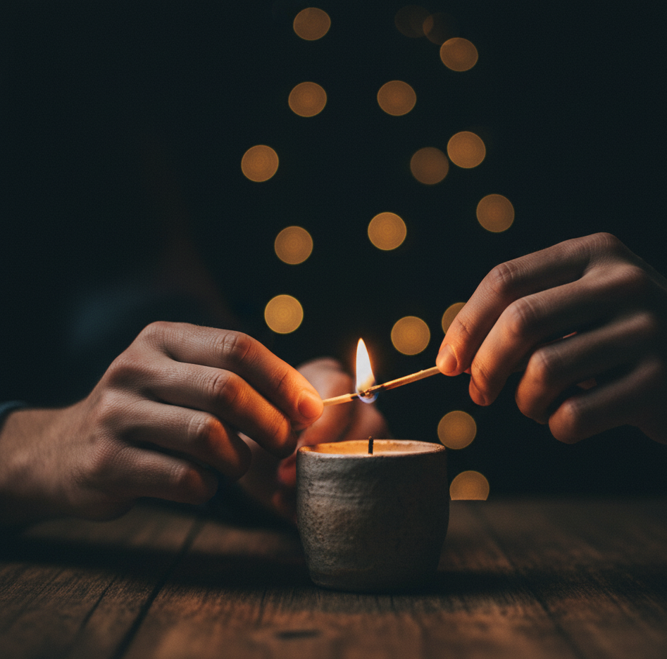 de belles mains tiennent une alumette permettant d'allumer une bougie, célébrant les noces de cire (4 ans de mariage)
