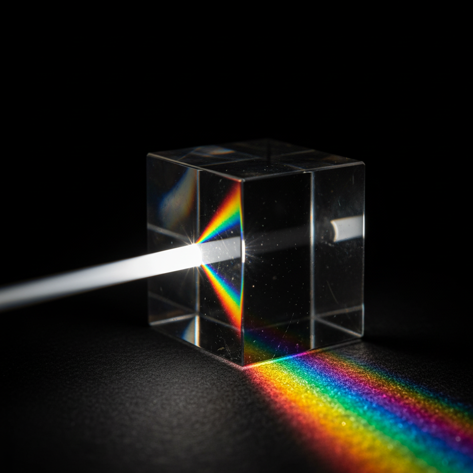 gros plan sur  les facettes d'un prisme en cristal de haute qualité. Un unique rayon de lumière blanche traverse le cristal et se décompose en un arc-en-ciel de couleurs vives, symbolisant les noces de cristal (15 ans de mariage)