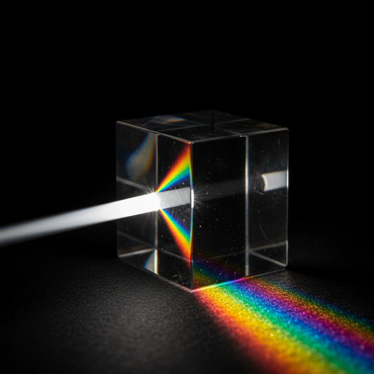 gros plan sur  les facettes d'un prisme en cristal de haute qualité. Un unique rayon de lumière blanche traverse le cristal et se décompose en un arc-en-ciel de couleurs vives, symbolisant les noces de cristal (15 ans de mariage)