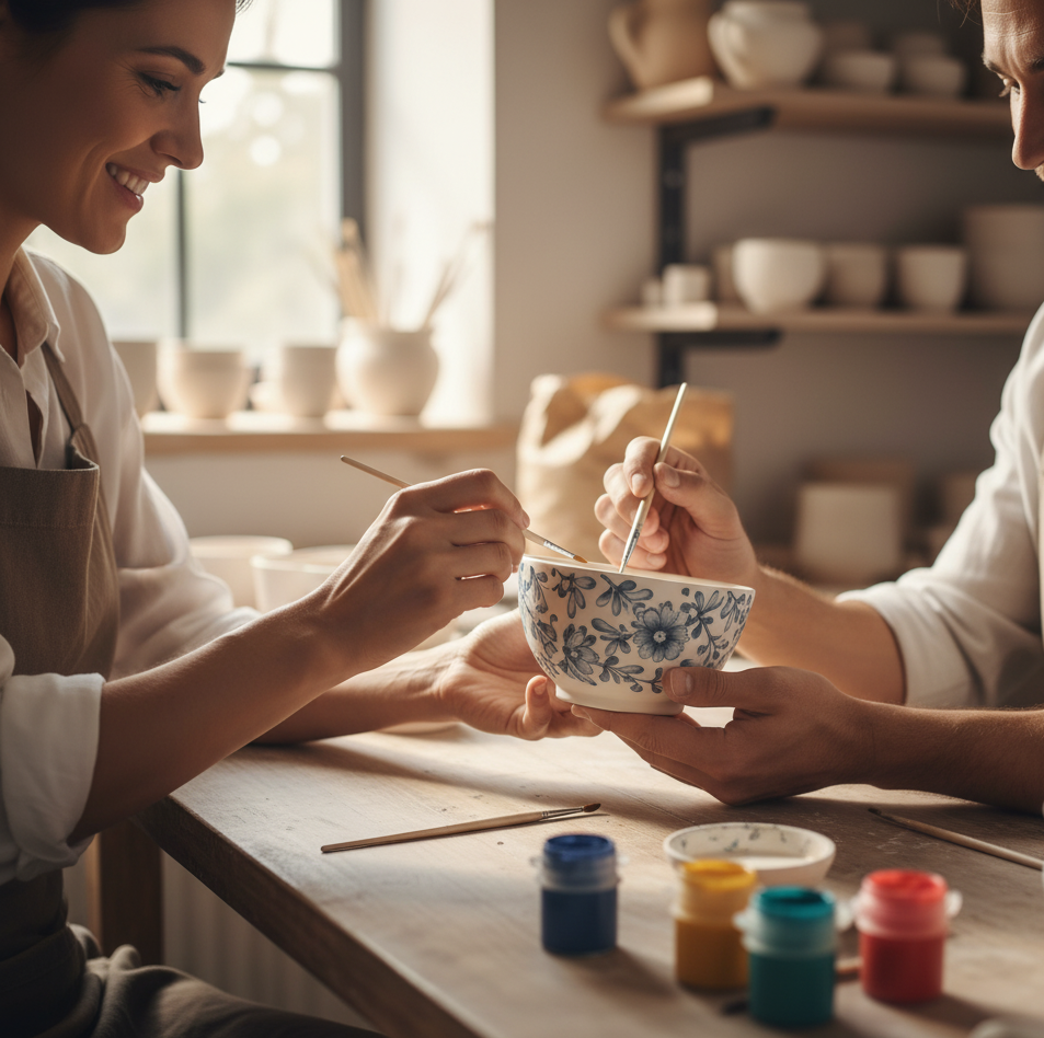 un couple participe à un atelier de peinture sur un bol en faïence, célébrant les noces de faïence (9 ans de mariage)
