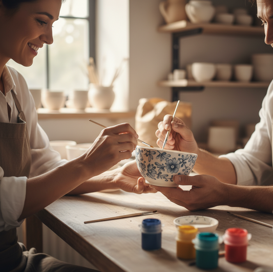 un couple participe à un atelier de peinture sur un bol en faïence, célébrant les noces de faïence (9 ans de mariage)