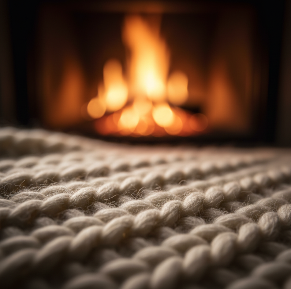 gros plan sur un pull en laine, on devine un feu de cheminée en arrière plan, célébrant les noces de laine (7 ans de mariage)