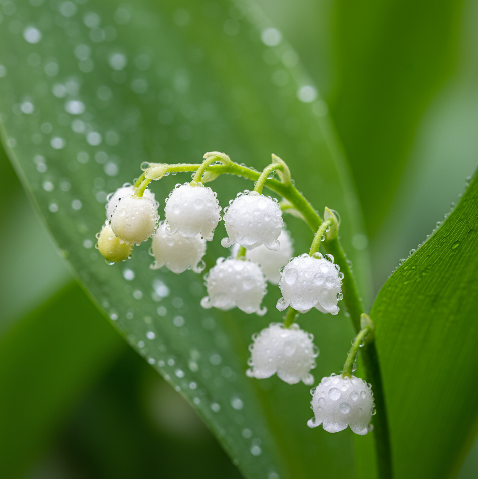 gros plan sur une unique branche de muguet couverte de minuscules gouttes de rosée représentant les noces de muguet (13 ans de mariage)