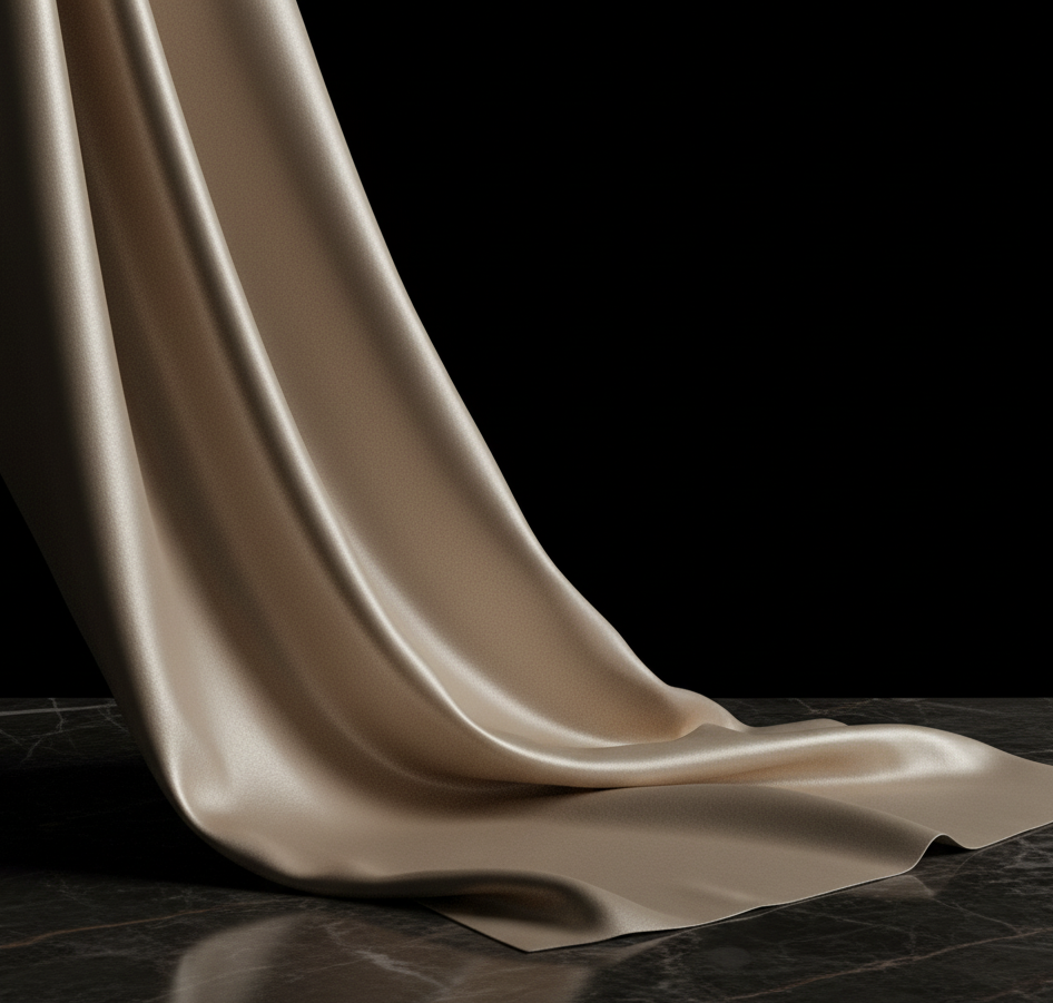 Un long morceau de tissu en soie de couleur champagne est drapé de manière fluide et élégante sur une surface en marbre sombre représentant les noces de soie (12 ans de mariage)