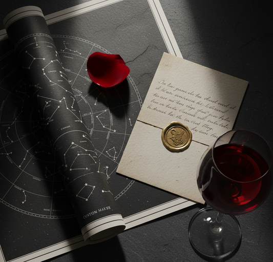 une carte avec un mot doux posé sur une table à côté d'une carte du ciel et d'un verre de vin, symbolisant un cadeau de saint valentin