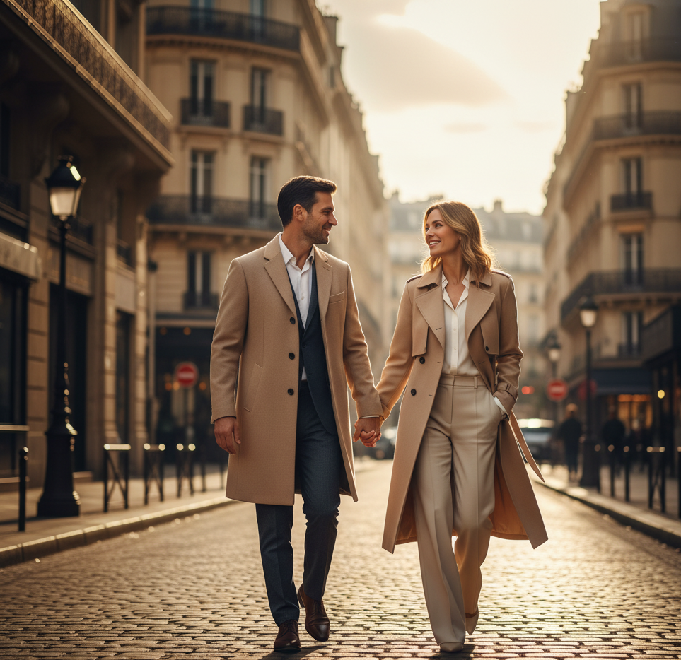 un couple de trentenaire marche dans une rue ensoleillé de type haussmanien, célébrant leur pacs fraichement signé