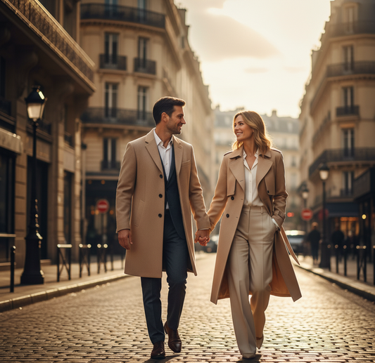 un couple de trentenaire marche dans une rue ensoleillé de type haussmanien, célébrant leur pacs fraichement signé