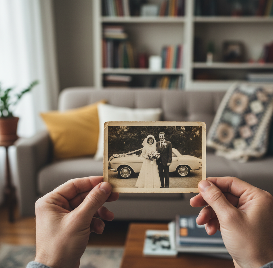 un homme tient entre ses mains une vieille photo de mariage en noir et blanc