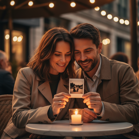 un couple de trentenaire est assis à la terrasse d'un café et tient dans ses mains une photo qui leur rappelle un souvenir