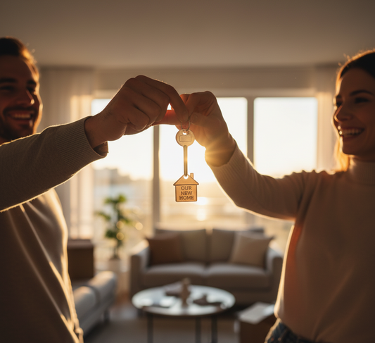un couple de trentenaire tient entre ses mains une clé de maison célébrant un cadeau d'emménagement réussi