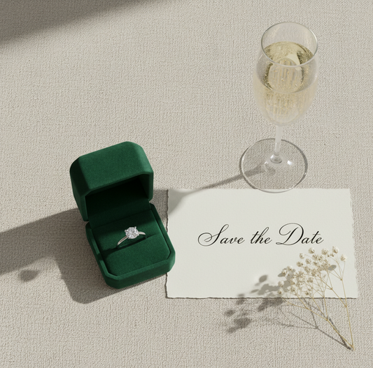 une bague de fiancailles dans son écrin ouvert à côté d'un mot doux écrit à la main et une coupe de champagne, célébrant un cadeau de fiancailles