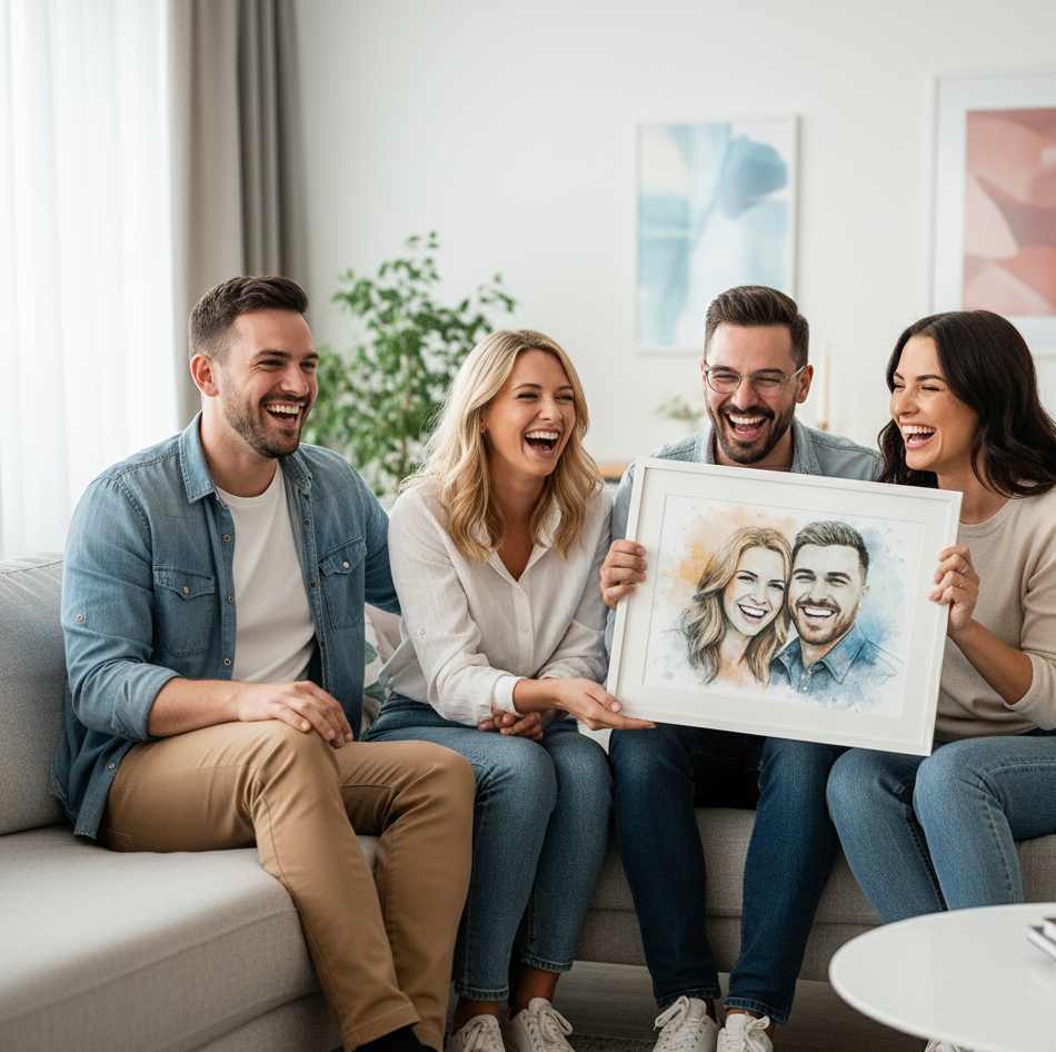 quatre amis sont assis sur un canapé dans un bel appartement, un couple offre à l'autre un portrait d'eux en aquarelle