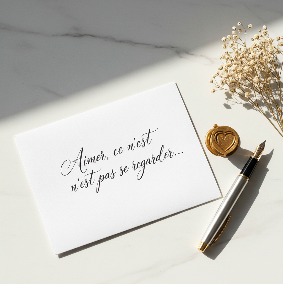 un mot d'amour est écrit au stylo plume sur une belle table en marbre, illustrant une citation d'amour à offrir en cadeau