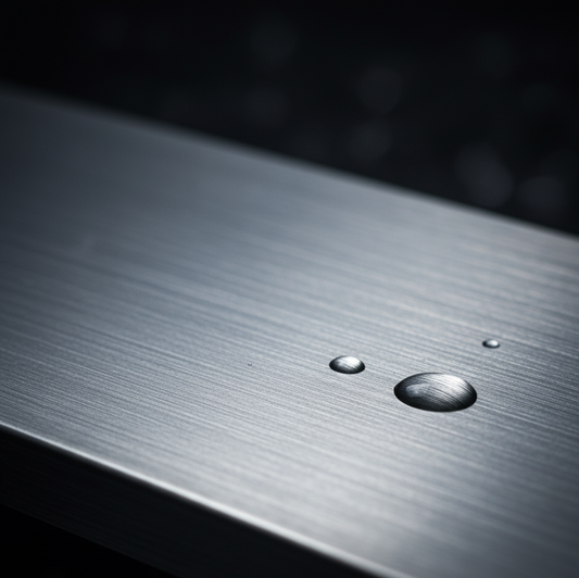 une belle surface en acier parfaitement lisse avec quelques gouttes d'eau sur le dessus, symbolisant les noces d'acier (11 ans de mariage en europe)