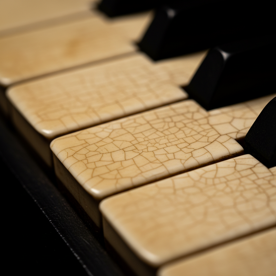 gros plan sur des touches de piano en ivoire légérement craquelées, représentnat les noces d'ivoire (14 ans de mariage en europe)