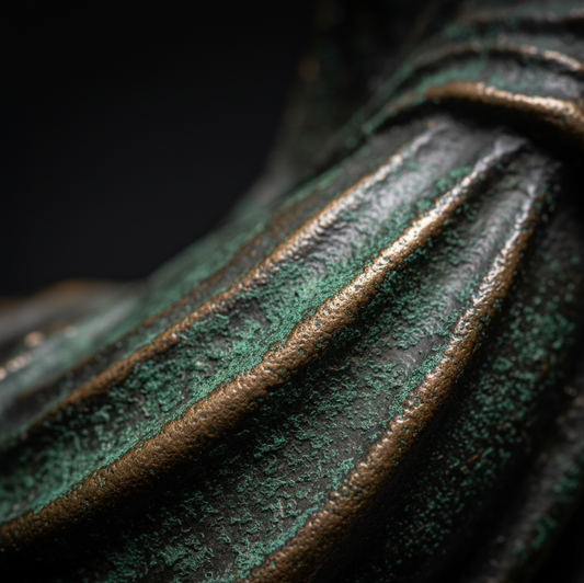 gros plan sur un objet en bronze, la patine tourne au vert, symbolisant les noces de bronze