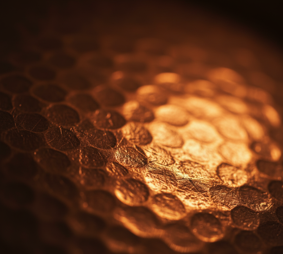 gros plan sur une surface cuivrée avec de magnifiques détails, symbolisant le 7ème anniversaire de mariage en europe