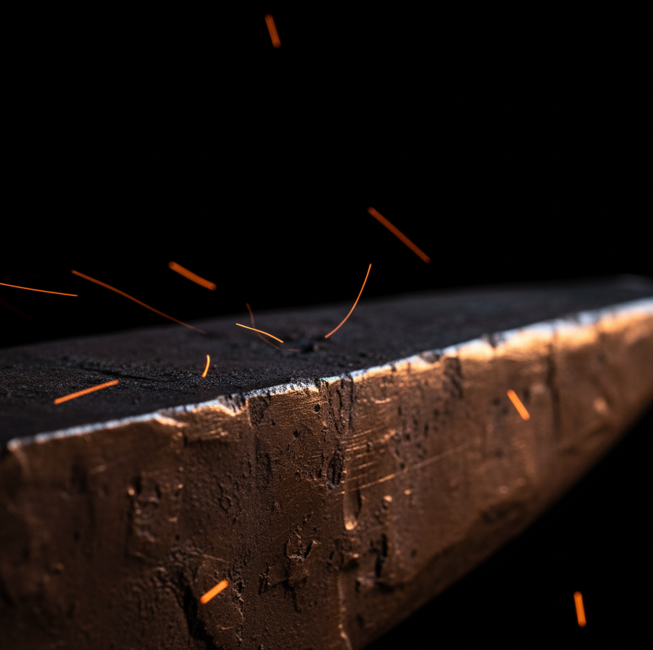 gros plan sur une barre de fer avec quelques étincelles de feu tout autour, symbolisant les noces de fer (6 ans de mariage en europe)