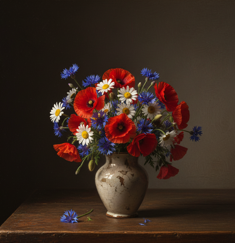 un bouquet de fleur magnifique dans l'esprit nature morte, symbolisant les noces de fleur (4 ans de mariage en europe)