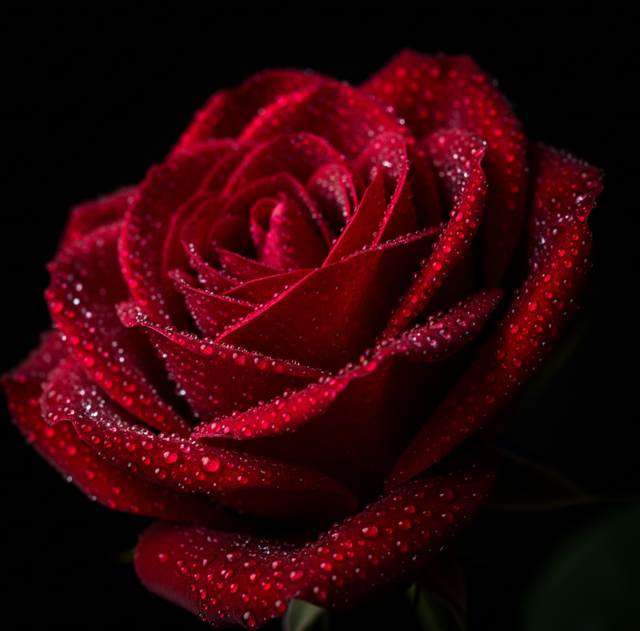 gros plan sur une rose parfaitement rouge avec de nombreuses gouttes de rosée, symbolisant les noces de rose