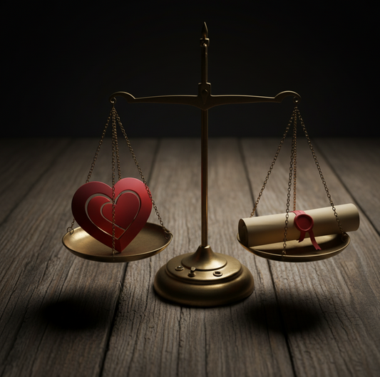 une balance ancienne est posée sur une belle table en bois, d'un côté un coeur, de l'autre un parchemin, symbolisant le choix entre pacs et mariage
