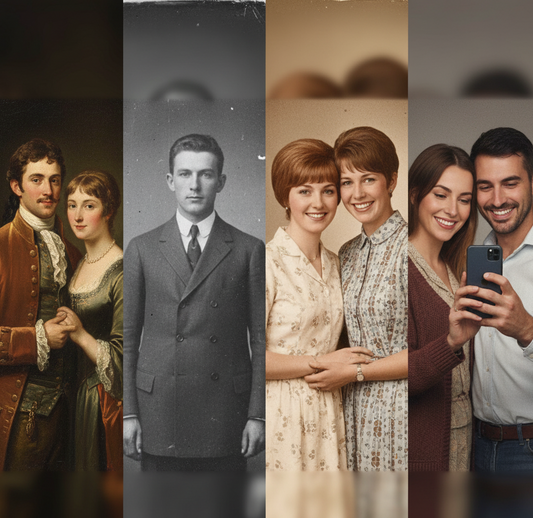 un montage photo de 4 couples au moment de leurs photos mariage, quatre époque différentes, exprimant l'histoire de la formation d'un couple dans le temps