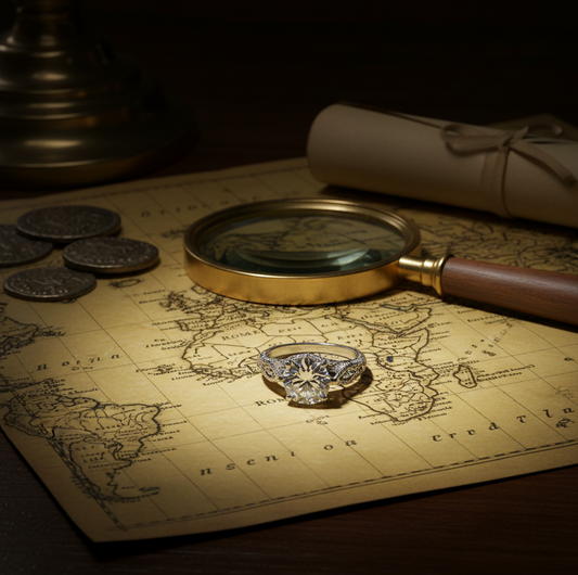 une belle carte du monde est posée sur une table ancienne, une loupe pointe sur Rome et une bague de fiancailles est posée à côté, exprimant la tradition de la bague de fiançailles