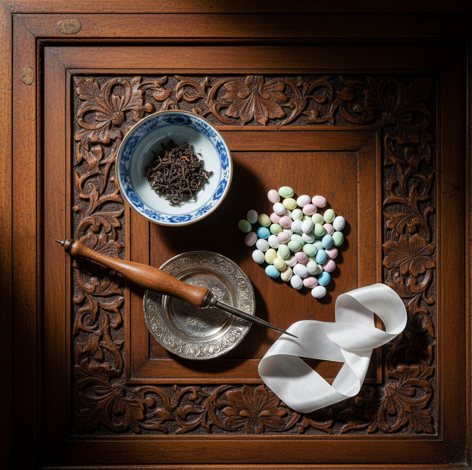 une table en bois travaillé avec sur elle des symboles du mariage dans quelques pays du mondes, exprimant le tour d'horizon des plus belles traditions