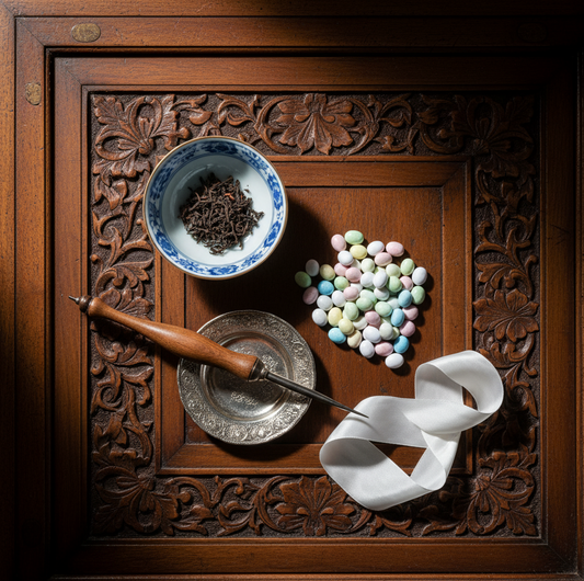 une table en bois travaillé avec sur elle des symboles du mariage dans quelques pays du mondes, exprimant le tour d'horizon des plus belles traditions