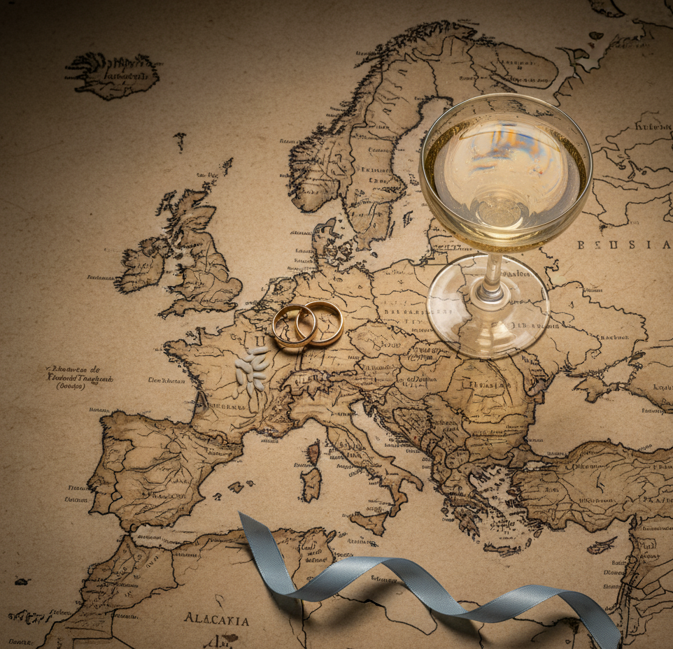 une carte d'europe en papier ancien, sur elle des symboles de mariage en europe, exprimant ce qui nous unit et ce qui nous distingue