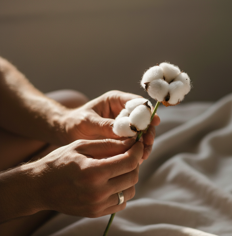 les mains d'un homme tiennent délicatement une fleur de coton, symbolisant les noces de coton (1 an de mariage)