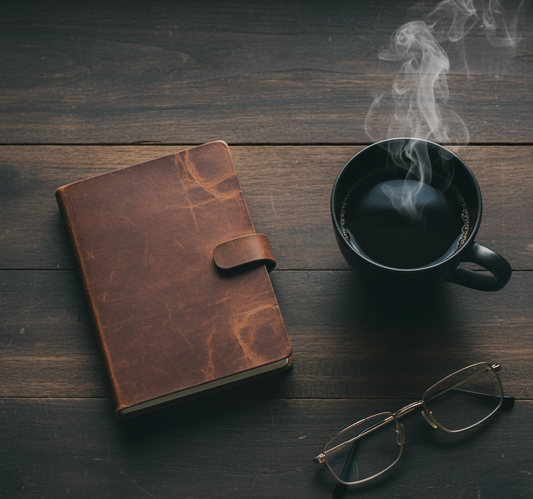 un beau cahier relié de cuir, un café fumant et une paire de lunette sont posés sur une table en bois, illustrant les noces de cuir