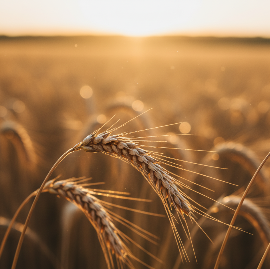 deux magnifiques épis de blé sont mis en avant dans un champ de blé, illustrant les noces de froment