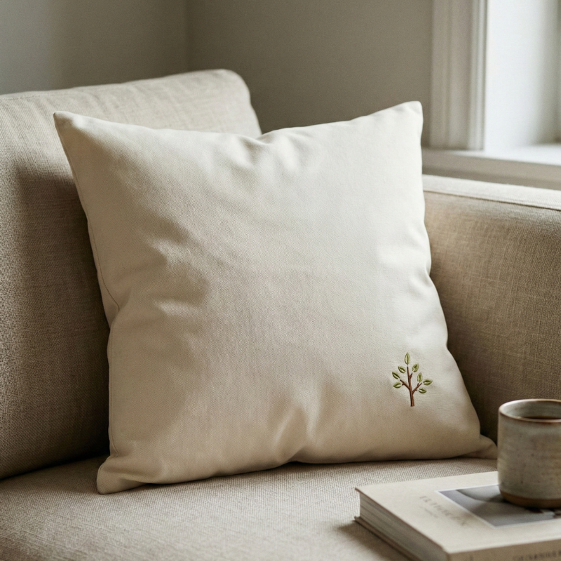 coussin en coton lavé fairtrade posé sur un canapé en lin dans une ambiance douce représentant les noces de bois