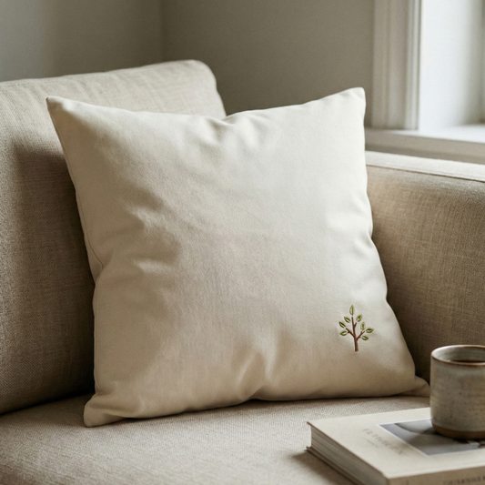 coussin en coton lavé fairtrade posé sur un canapé en lin dans une ambiance douce représentant les noces de bois