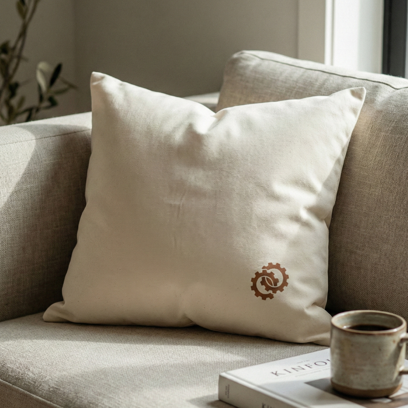coussin en coton lavé fairtrade posé sur un canapé en lin dans une ambiance douce représentant les noces de bronze