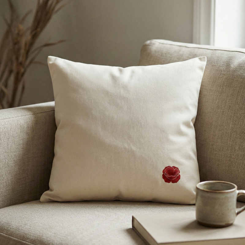 coussin en coton lavé fairtrade posé sur un canapé en lin dans une ambiance douce représentant les noces de coquelicot