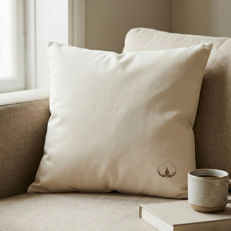 coussin en coton lavé fairtrade posé sur un canapé en lin dans une ambiance douce représentant les noces de coton