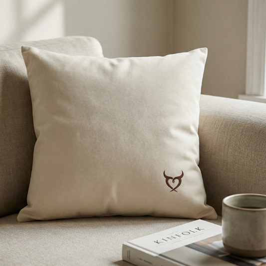 coussin en coton lavé fairtrade posé sur un canapé en lin dans une ambiance douce représentant les noces de cuir