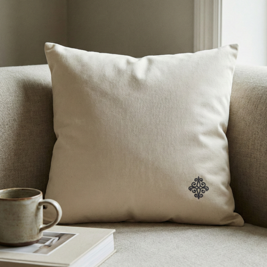 coussin en coton lavé fairtrade posé sur un canapé en lin dans une ambiance douce représentant les noces de fer